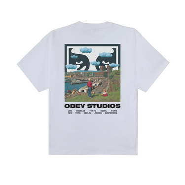 Obey Sky Face T-Shirt bianca stampa grafica fronte
