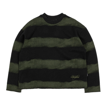 Wasted Paris Crewneck Script Striped verde e nera, maglione girocollo a righe, vista frontale