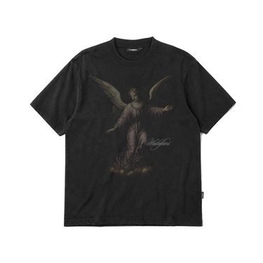 Wasted Paris Divinity T-Shirt nero slavato, stampa grafica angelo sul davanti, vista frontale
