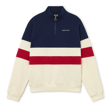 Kaotiko Crew Neck Zipper Carter, felpa color block navy, panna e rossa con collo a zip, vista frontale