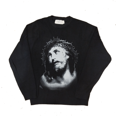 Propaganda Crown Sweater nero, maglione con stampa volto e corona di spine sul fronte