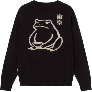 Kaotiko Ramen Frog Jersey nero, maglione girocollo con ideogramma ricamato sul fronte