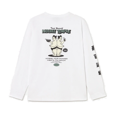 Kaotiko Noodle Temple LS bianca, t-shirt a manica lunga con stampa giapponese sul fronte