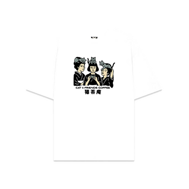 Kaotiko Regular Cat&Friends Coffee, t-shirt a manica corta con stampa grafica giapponese sul fronte