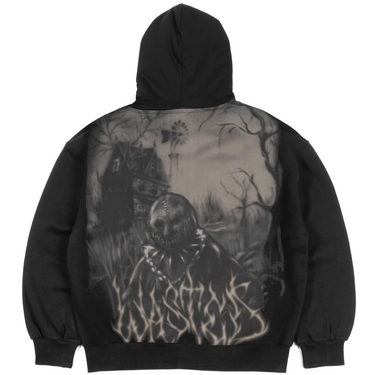 Wasted Paris Chainsaw Hoodie Boxy nera, dettaglio stampa grafica fronte