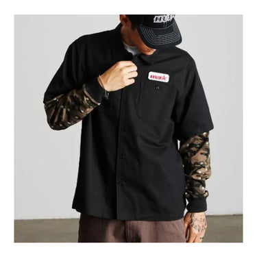 HUF Shadows LS Work Shirt nera, vista frontale camicia workwear
